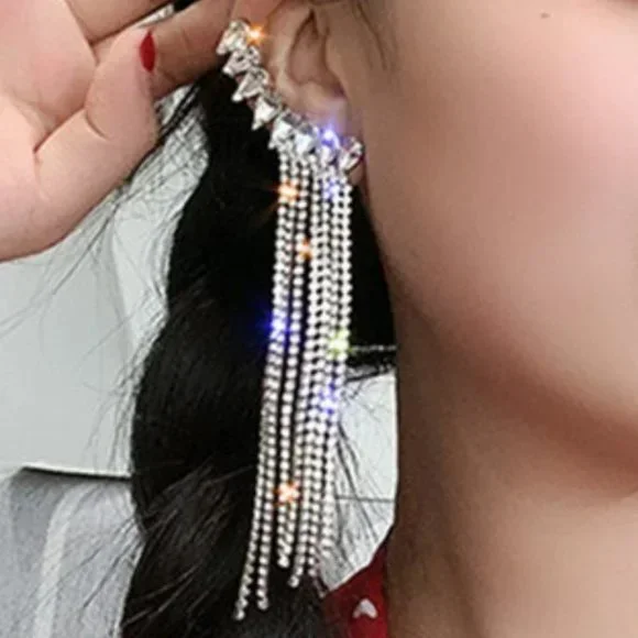 5" Long Crystal Rhinestone Fringe Formal Chandelier Earrings - Picture 3 of 9